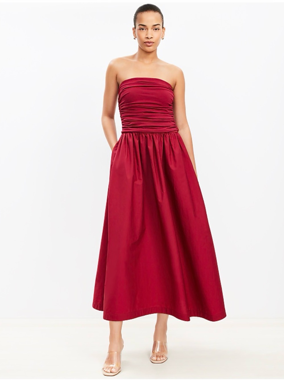 EUC Loft Strapless Ruched Bodice Midi Dress in Burgundy